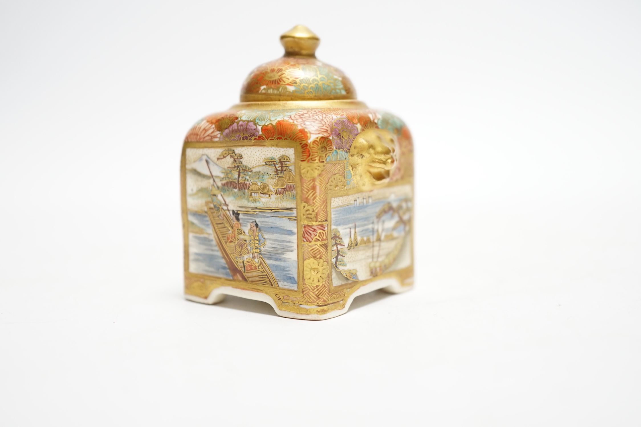 An early 20th century Japanese Satsuma pottery miniature square pot and cover, signed Kinkozan, 6.5cm high